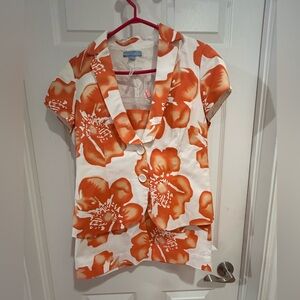 BAIA 2 piece skirt and jacket suit. Orange hibiscus flowers on white background
